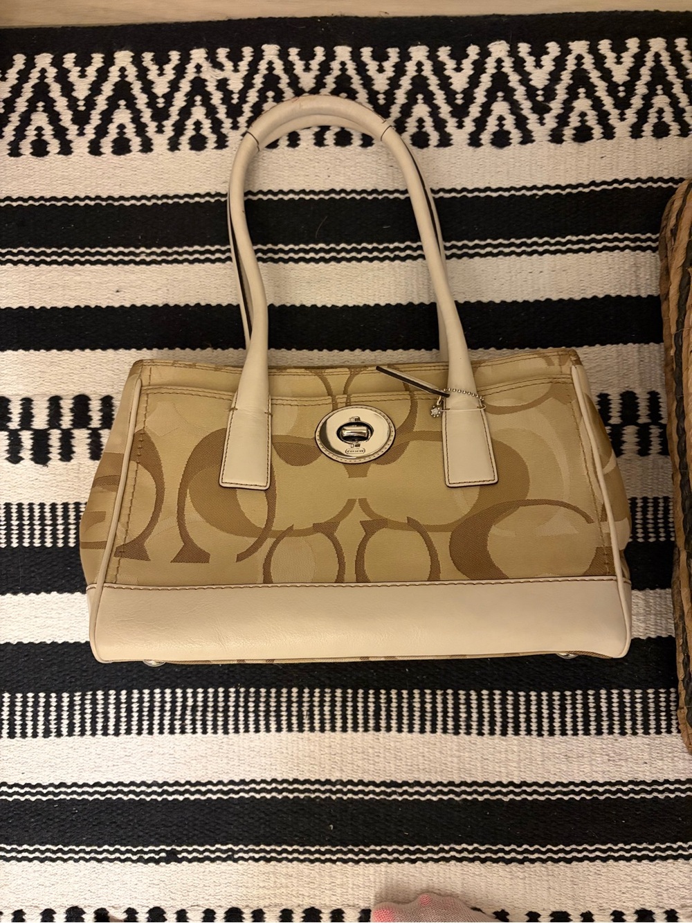 Coach Beige Signature Canvas Shoulder Tote with Cream Leather Trim